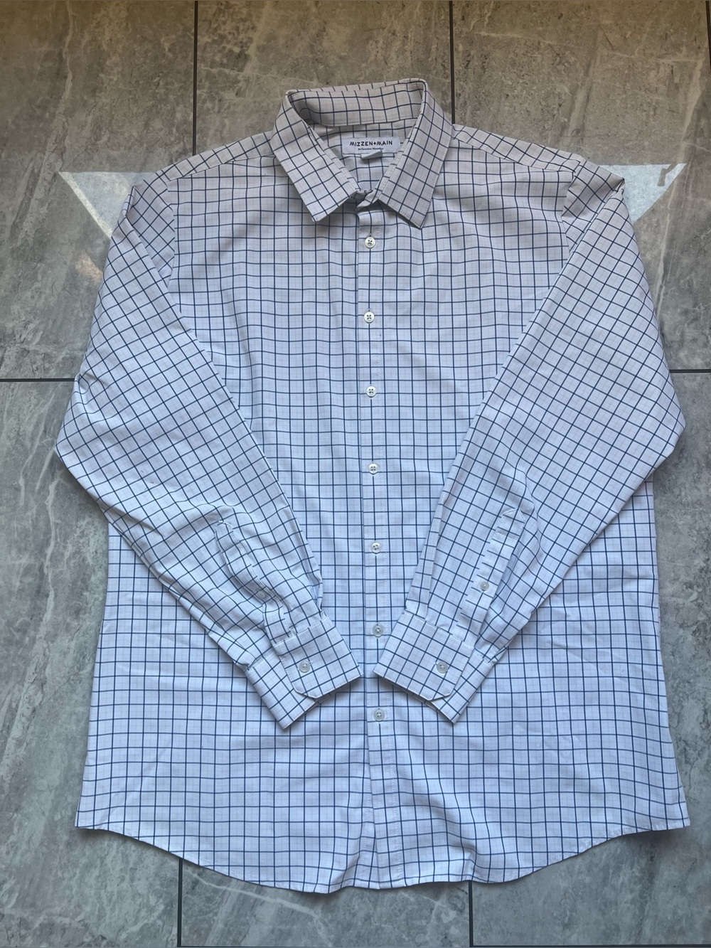 Mizzen+Main Mens Performance Dress Shirt XXL Trim White Blue Windowpane Check